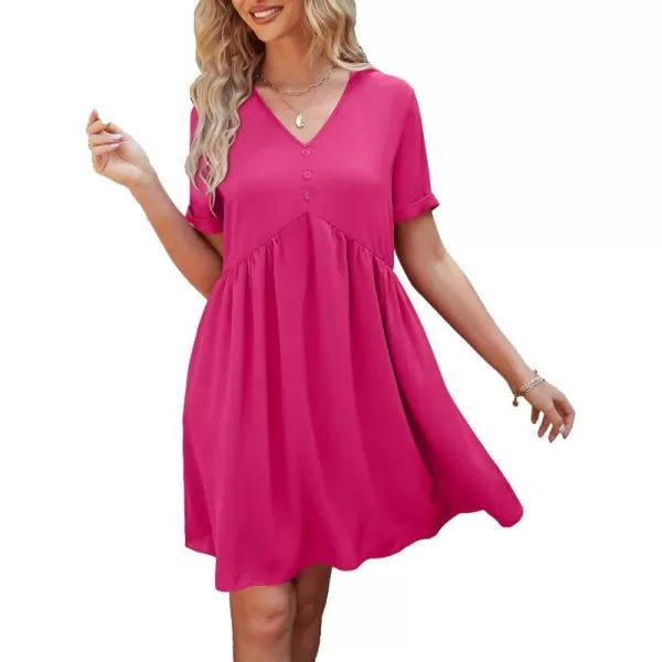 imagePRETTYGARDEN Summer Dress for Women 2023 Short Sleeve V Neck Ruffle Floral Swing ALine Short DressesSolid Rose Red