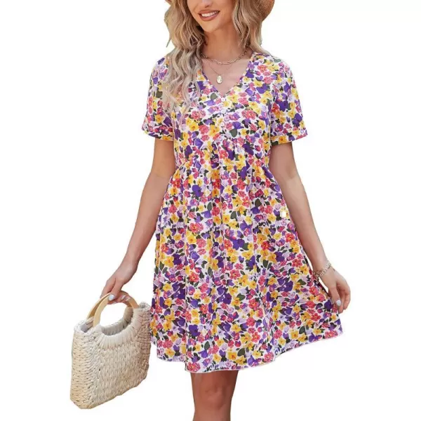 imagePRETTYGARDEN Summer Dress for Women 2023 Short Sleeve V Neck Ruffle Floral Swing ALine Short DressesWhite Purple Floral
