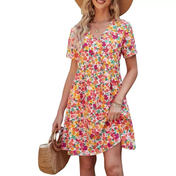 imagePRETTYGARDEN Summer Dress for Women 2023 Short Sleeve V Neck Ruffle Floral Swing ALine Short DressesWhite Red Floral