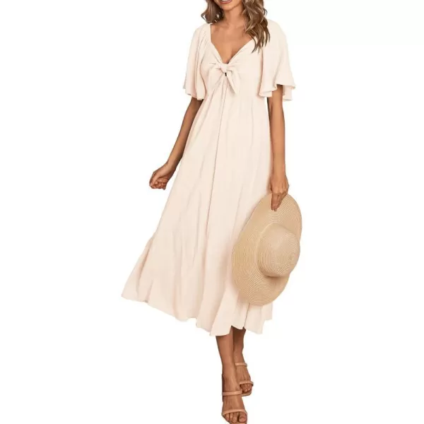 imagePRETTYGARDEN Summer Dress for Women 2024 Casual Short Sleeve Bow Tie V Neck Ruffle Midi Flowy DressesBeige