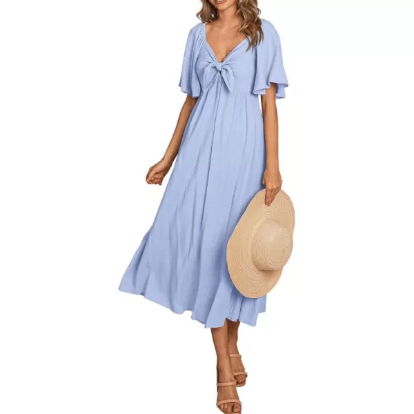 imagePRETTYGARDEN Summer Dress for Women 2024 Casual Short Sleeve Bow Tie V Neck Ruffle Midi Flowy DressesLight Blue
