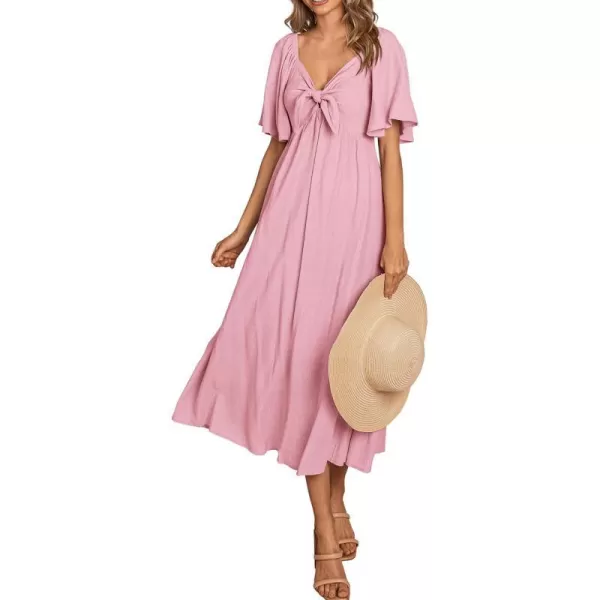 imagePRETTYGARDEN Summer Dress for Women 2024 Casual Short Sleeve Bow Tie V Neck Ruffle Midi Flowy DressesLight Pink