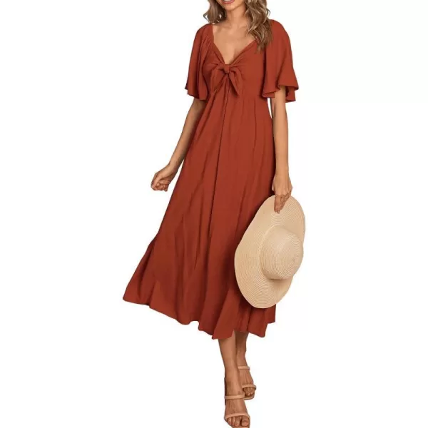 imagePRETTYGARDEN Summer Dress for Women 2024 Casual Short Sleeve Bow Tie V Neck Ruffle Midi Flowy DressesRust Red