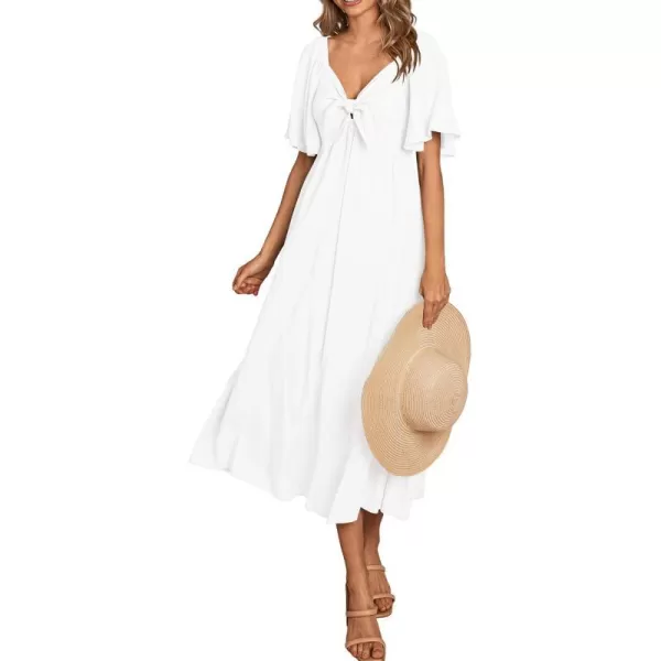 imagePRETTYGARDEN Summer Dress for Women 2024 Casual Short Sleeve Bow Tie V Neck Ruffle Midi Flowy DressesWhite