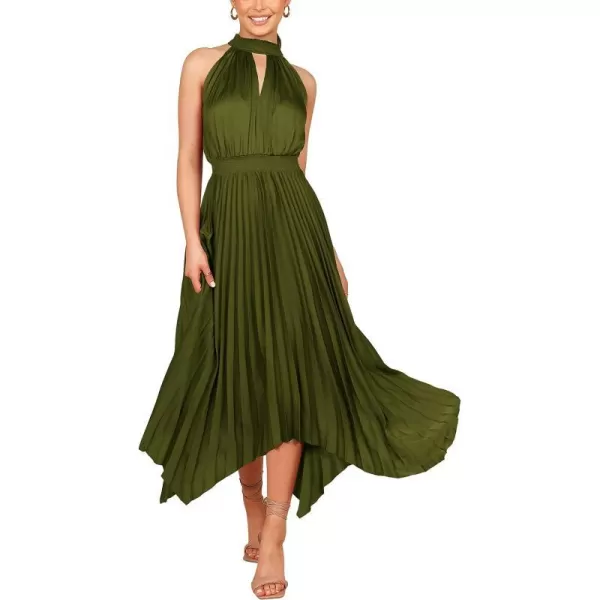 imagePRETTYGARDEN Summer Dress for Women Elegant Halter Neck Cut Out Irregular Hem Pleated Midi ALine Flowy DressesArmy Green