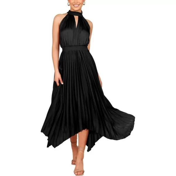 imagePRETTYGARDEN Summer Dress for Women Elegant Halter Neck Cut Out Irregular Hem Pleated Midi ALine Flowy DressesBlack