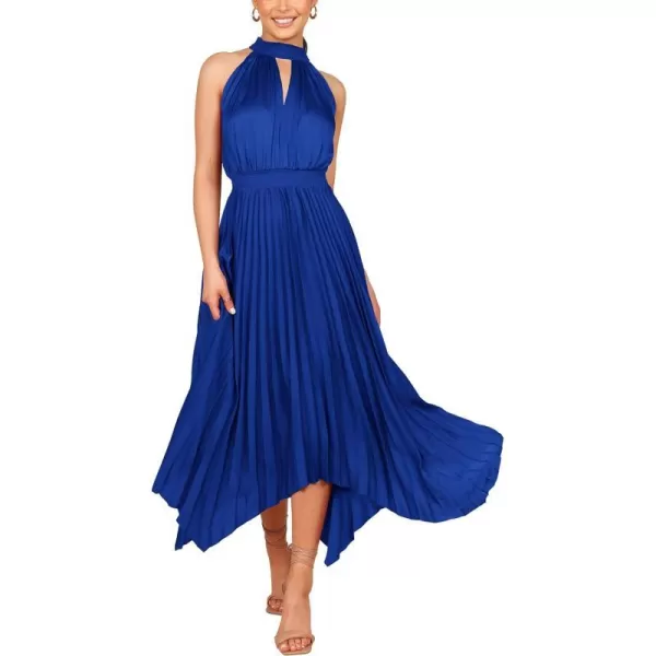 imagePRETTYGARDEN Summer Dress for Women Elegant Halter Neck Cut Out Irregular Hem Pleated Midi ALine Flowy DressesBlue