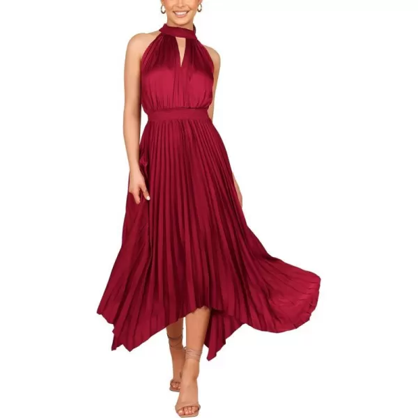 imagePRETTYGARDEN Summer Dress for Women Elegant Halter Neck Cut Out Irregular Hem Pleated Midi ALine Flowy DressesJujube Red