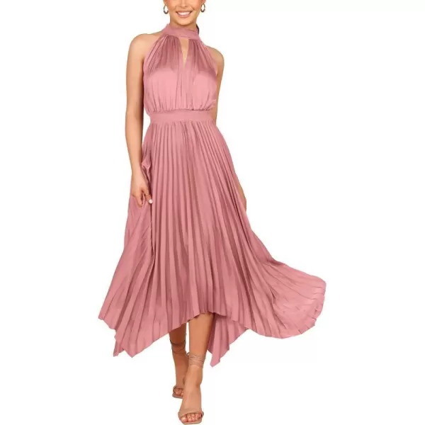imagePRETTYGARDEN Summer Dress for Women Elegant Halter Neck Cut Out Irregular Hem Pleated Midi ALine Flowy DressesPink