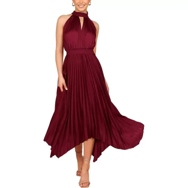 imagePRETTYGARDEN Summer Dress for Women Elegant Halter Neck Cut Out Irregular Hem Pleated Midi ALine Flowy DressesWine Red