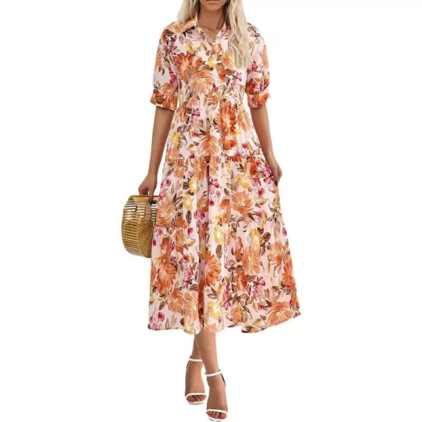imagePRETTYGARDEN Summer Dress for Women Short Sleeve Button Up Ruffle A Line Flowy Maxi DressesFloral Apricot Orange