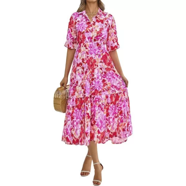 imagePRETTYGARDEN Summer Dress for Women Short Sleeve Button Up Ruffle A Line Flowy Maxi DressesFloral Pink Red