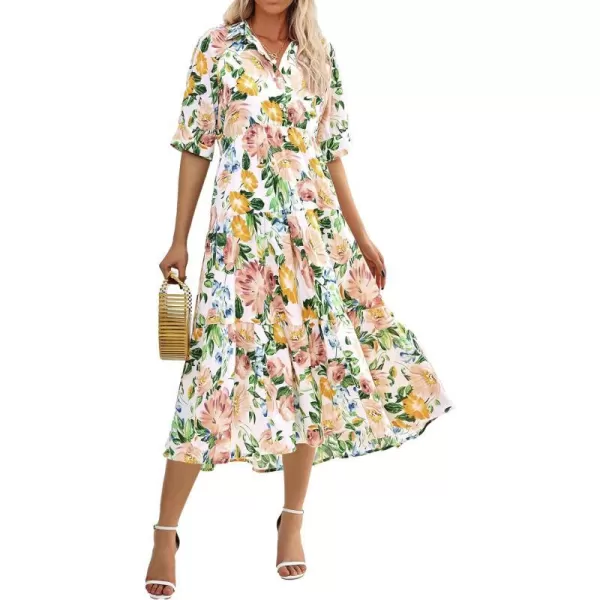 imagePRETTYGARDEN Summer Dress for Women Short Sleeve Button Up Ruffle A Line Flowy Maxi DressesFloral White Apricot
