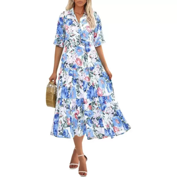 imagePRETTYGARDEN Summer Dress for Women Short Sleeve Button Up Ruffle A Line Flowy Maxi DressesFloral White Blue