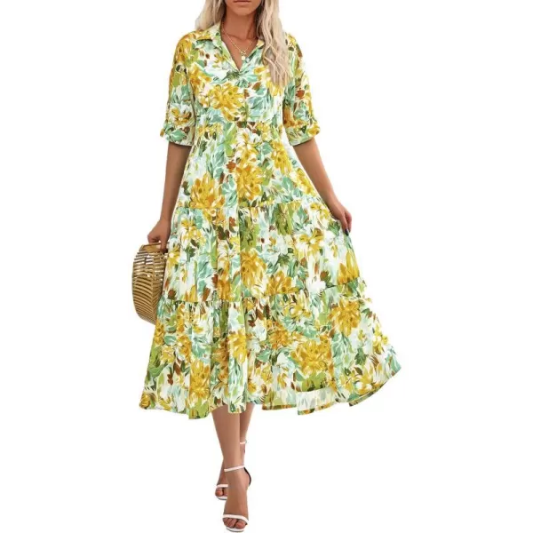 imagePRETTYGARDEN Summer Dress for Women Short Sleeve Button Up Ruffle A Line Flowy Maxi DressesFloral White Yellow