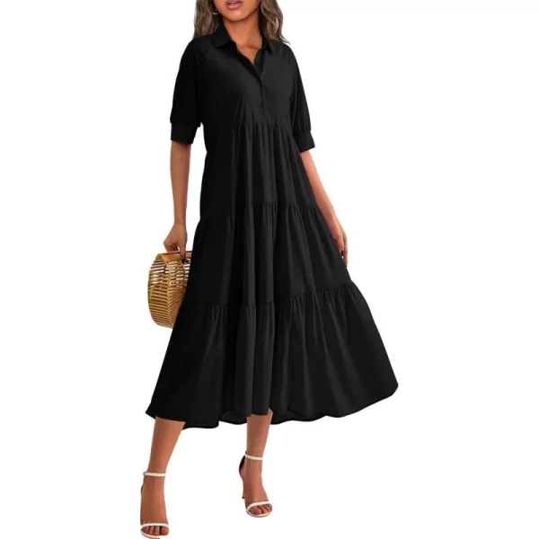 imagePRETTYGARDEN Summer Dress for Women Short Sleeve Button Up Ruffle A Line Flowy Maxi DressesSolid Black