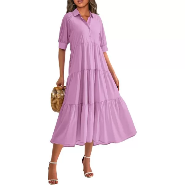 imagePRETTYGARDEN Summer Dress for Women Short Sleeve Button Up Ruffle A Line Flowy Maxi DressesSolid Purple