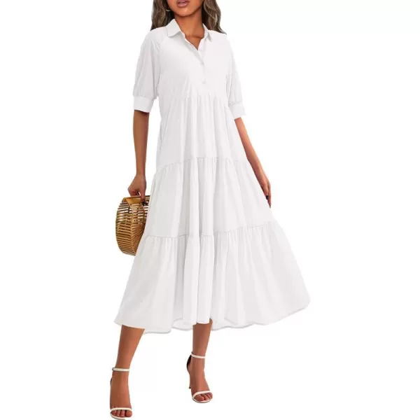 imagePRETTYGARDEN Summer Dress for Women Short Sleeve Button Up Ruffle A Line Flowy Maxi DressesSolid White