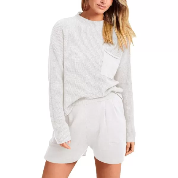 imagePRETTYGARDEN Women 2 Piece Knit Sweater Outfit Long Sleeve Pullover Top Wide Leg Shorts Loungewear Sweatsuits SetBeige White