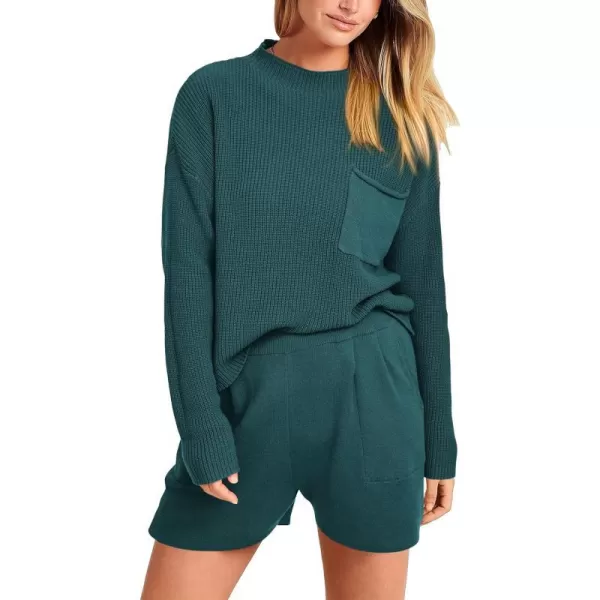 imagePRETTYGARDEN Women 2 Piece Knit Sweater Outfit Long Sleeve Pullover Top Wide Leg Shorts Loungewear Sweatsuits SetBlue Green