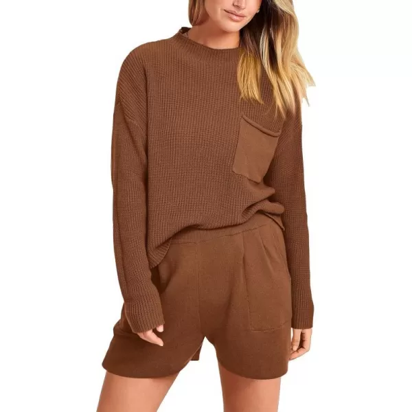 imagePRETTYGARDEN Women 2 Piece Knit Sweater Outfit Long Sleeve Pullover Top Wide Leg Shorts Loungewear Sweatsuits SetBrown