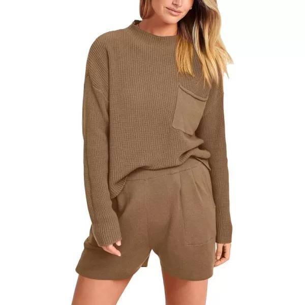 imagePRETTYGARDEN Women 2 Piece Knit Sweater Outfit Long Sleeve Pullover Top Wide Leg Shorts Loungewear Sweatsuits SetKhaki