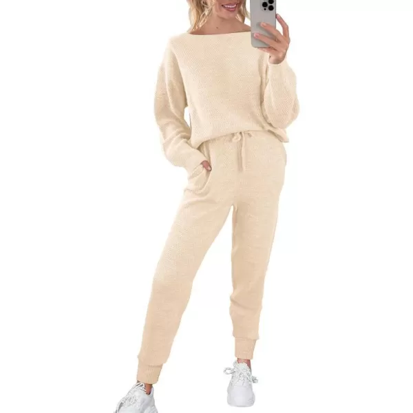 imagePRETTYGARDEN Women 2 Piece Outfits Long Sleeve Pullover Tops And Long Pants Tracksuit Sweater SetsBeige