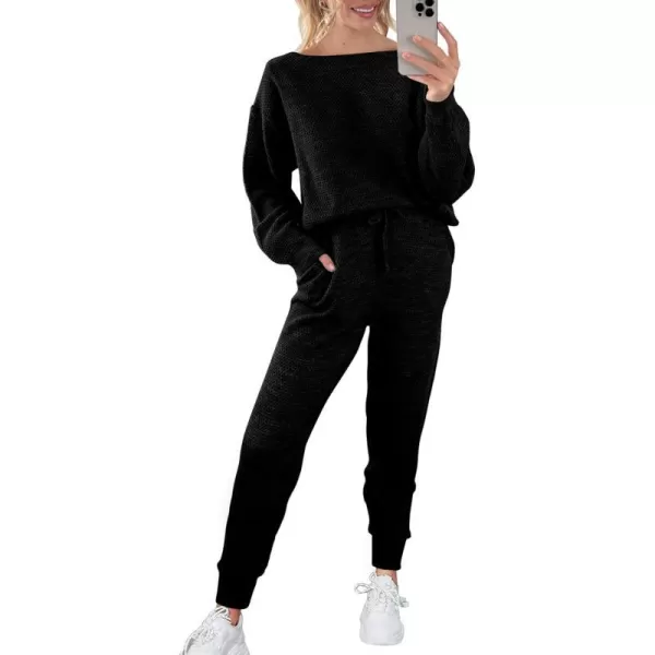 imagePRETTYGARDEN Women 2 Piece Outfits Long Sleeve Pullover Tops And Long Pants Tracksuit Sweater SetsBlack
