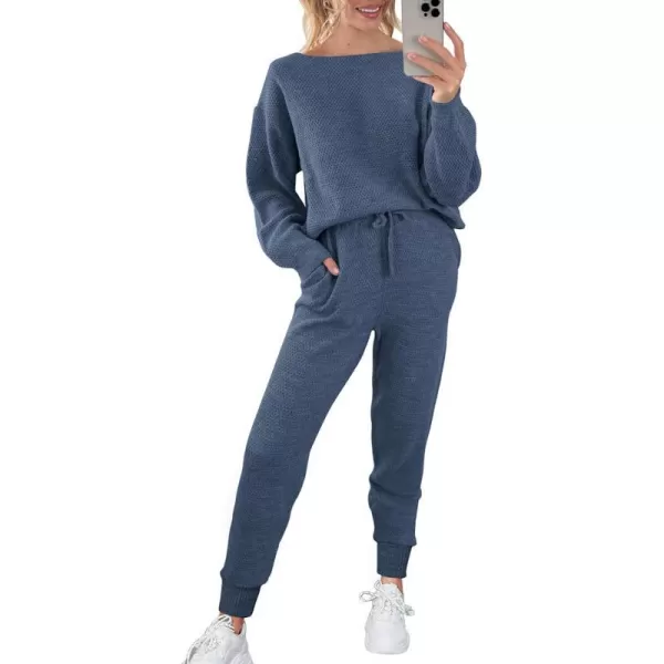 imagePRETTYGARDEN Women 2 Piece Outfits Long Sleeve Pullover Tops And Long Pants Tracksuit Sweater SetsBlue