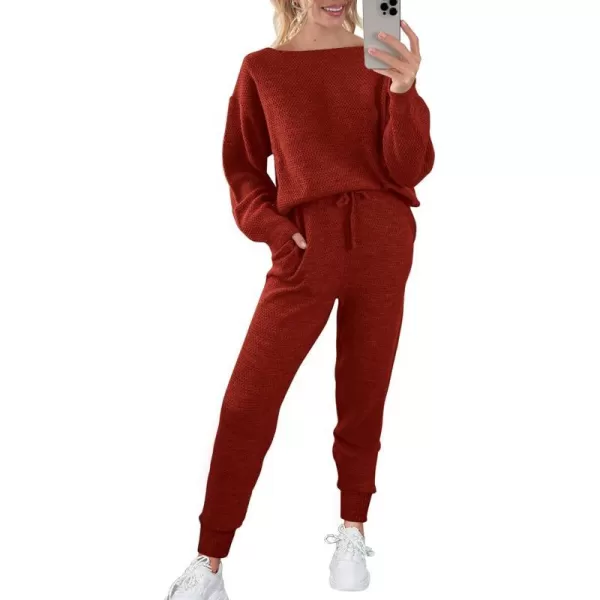 imagePRETTYGARDEN Women 2 Piece Outfits Long Sleeve Pullover Tops And Long Pants Tracksuit Sweater SetsRust Red