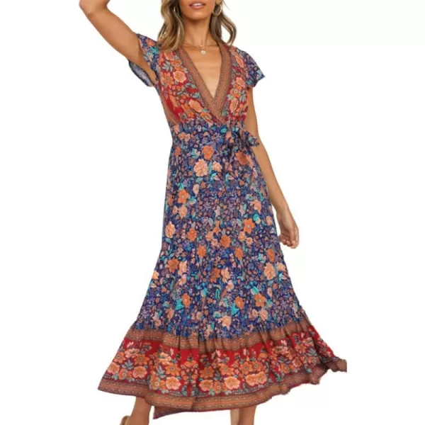 imagePRETTYGARDEN Women Boho Summer Side Split Deep V Neck Short Sleeves Maxi Dress with BeltDark Blue
