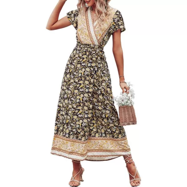 imagePRETTYGARDEN Women Boho Summer Side Split Deep V Neck Short Sleeves Maxi Dress with BeltFloral Black