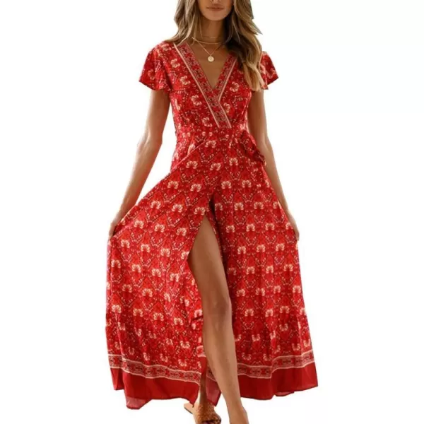 imagePRETTYGARDEN Women Boho Summer Side Split Deep V Neck Short Sleeves Maxi Dress with BeltRed 1