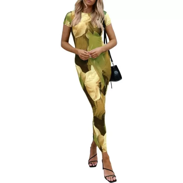 imagePRETTYGARDEN Women Maxi Bodycon Dress Summer Short Sleeve Printed Y2K Long Fitted Pencil Club Party DressesPrint Army Green