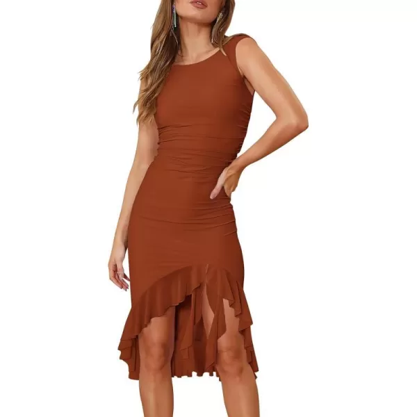 imagePRETTYGARDEN Women Midi Bodycon Dress Summer Sleeveless Irregular Ruffle Hem Cocktail Party Tank DressesCaramel