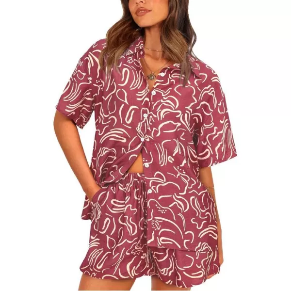 imagePRETTYGARDEN Women Summer 2 Piece Beach Outfits Printed Short Sleeve Tops Lounge Shorts Casual Tracksuit SetBrown Red