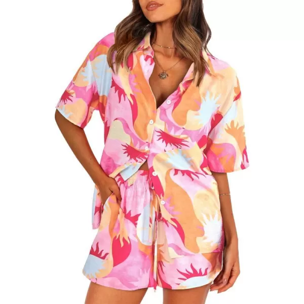 imagePRETTYGARDEN Women Summer 2 Piece Beach Outfits Printed Short Sleeve Tops Lounge Shorts Casual Tracksuit SetPink