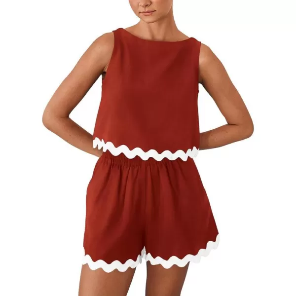 imagePRETTYGARDEN Womens 2 Piece Beach Vacation Outfits Casual Cropped Tank Top High Waist Shorts Set TracksuitBrick Red