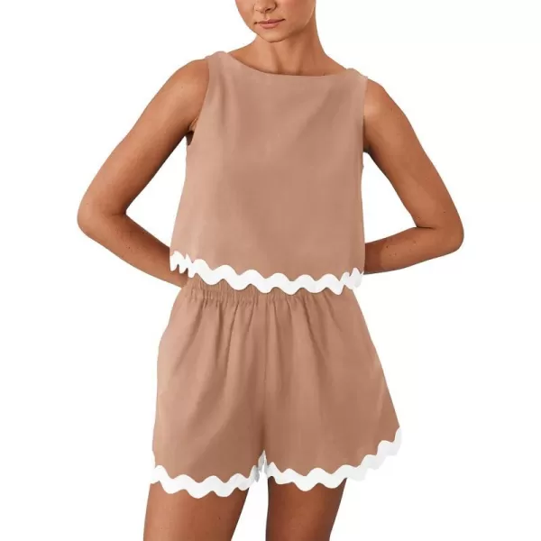 imagePRETTYGARDEN Womens 2 Piece Beach Vacation Outfits Casual Cropped Tank Top High Waist Shorts Set TracksuitKhaki