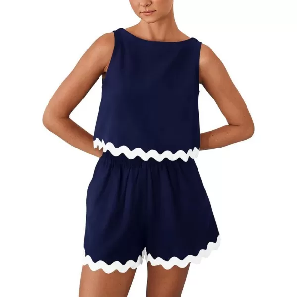 imagePRETTYGARDEN Womens 2 Piece Beach Vacation Outfits Casual Cropped Tank Top High Waist Shorts Set TracksuitNavy