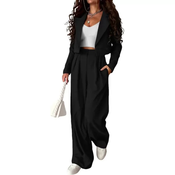 imagePRETTYGARDEN Womens 2 Piece Casual Outfits Cropped Blazer Jackets High Waisted Wide Leg Work Pants Suit SetBlack