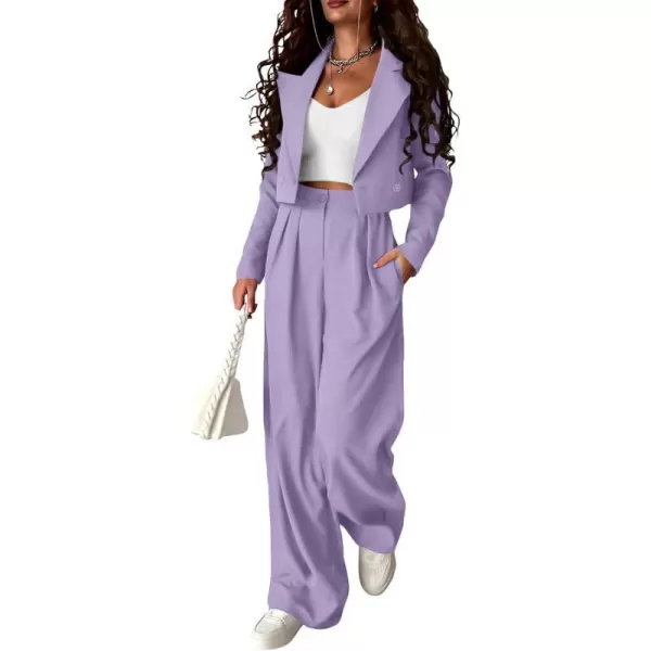 imagePRETTYGARDEN Womens 2 Piece Casual Outfits Cropped Blazer Jackets High Waisted Wide Leg Work Pants Suit SetLight Purple