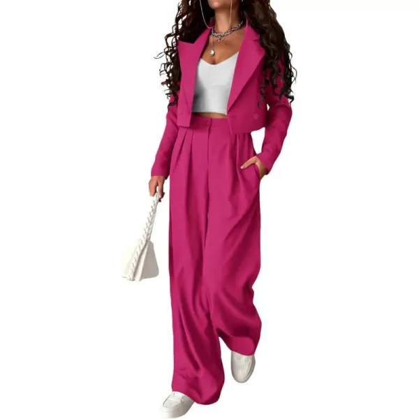 imagePRETTYGARDEN Womens 2 Piece Casual Outfits Cropped Blazer Jackets High Waisted Wide Leg Work Pants Suit SetRose Red