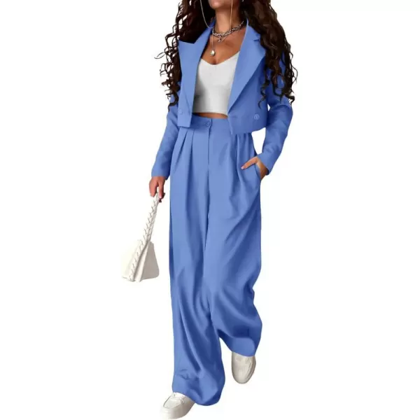 imagePRETTYGARDEN Womens 2 Piece Casual Outfits Cropped Blazer Jackets High Waisted Wide Leg Work Pants Suit SetSky Blue