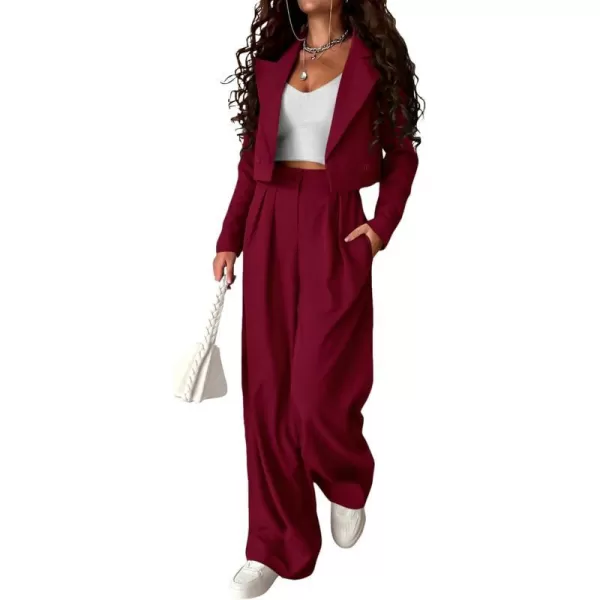 imagePRETTYGARDEN Womens 2 Piece Casual Outfits Cropped Blazer Jackets High Waisted Wide Leg Work Pants Suit SetWine Red