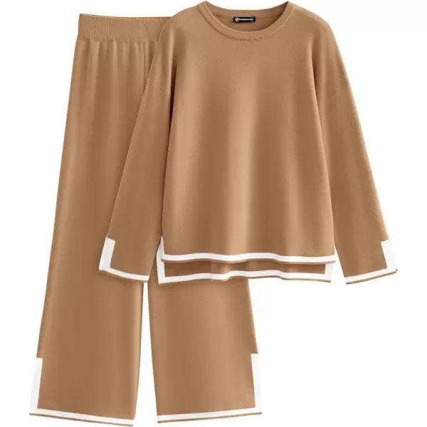 imagePRETTYGARDEN Womens 2 Piece Knit Sweater Set Casual Long Sleeve Pullover Wide Leg Pants Sweatsuit Tracksuit OutfitKhaki