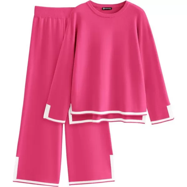 imagePRETTYGARDEN Womens 2 Piece Knit Sweater Set Casual Long Sleeve Pullover Wide Leg Pants Sweatsuit Tracksuit OutfitRose Red
