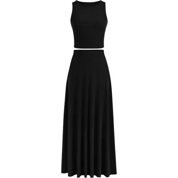 imagePRETTYGARDEN Womens 2 Piece Maxi Skirt Sets Casual Summer Knit Cropped Tank Top High Waisted Long Skirts OutfitBlack