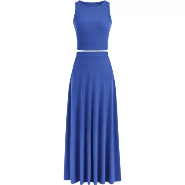 imagePRETTYGARDEN Womens 2 Piece Maxi Skirt Sets Casual Summer Knit Cropped Tank Top High Waisted Long Skirts OutfitBlue