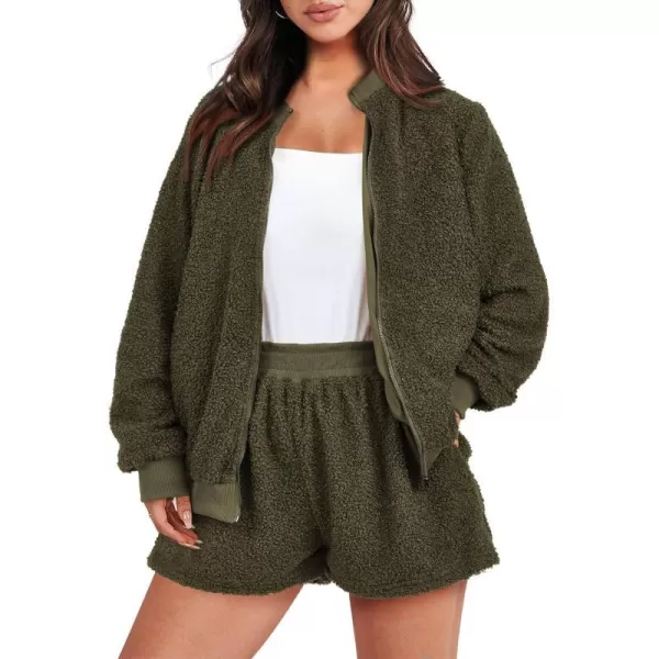 imagePRETTYGARDEN Womens 2 Piece Outfits 2023 Fall Fleece Zip Up Tops Jackets And Shorts Sets Tracksuit LoungewearArmy Green